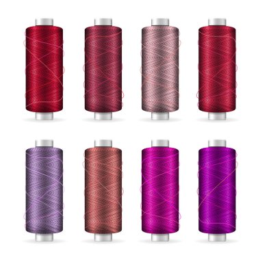 Biriktirme Set iplik. Parlak plastik bobin. Beyaz arka plan üzerinde iğne işi ve Needlecraft için izole. Hisse senedi vektör çizim