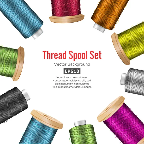 Thread Spool Banner Circle Border. Place For Text. Stock Vector Illustration Of Yarn Or Cotton Bobbin Reel. Isolated On White Background — Stock Vector