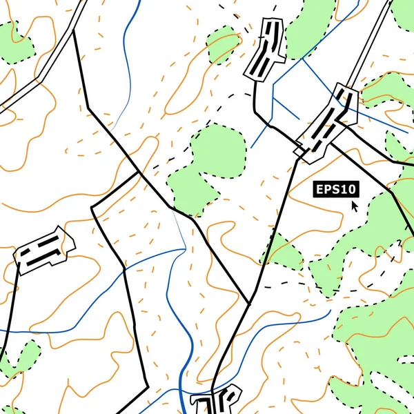 Topographic Map Background Concept With Roads, Forests, Settlements, Relief Contours. Cartografía Vector gráfico en color . — Vector de stock