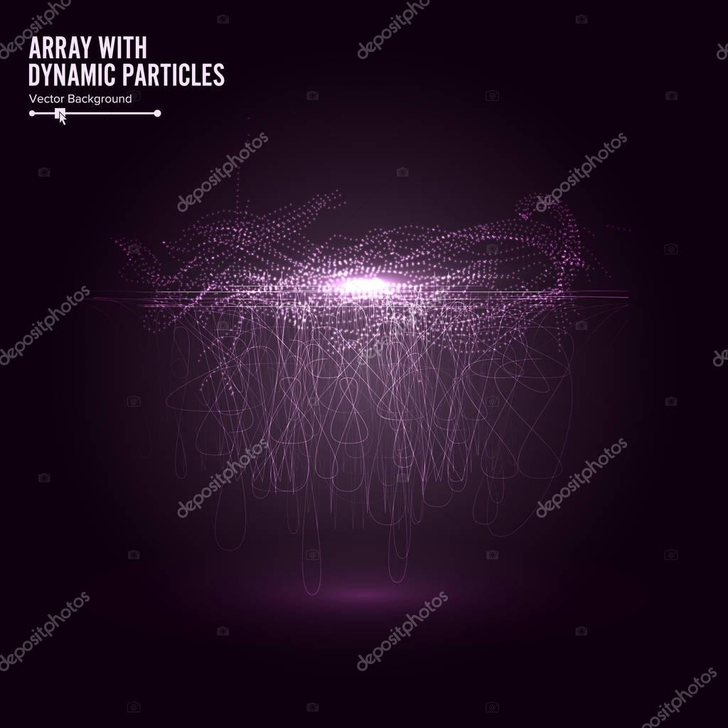 Array Vector With Splash Emitted Particles. Round Shape Of Particles Array. Visualization Abstract Background With Swirled Stripes