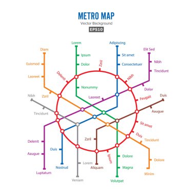 Metro haritası vektör. Şehir ulaşım düzeni kavramı. İstasyonları ile renkli arka plan