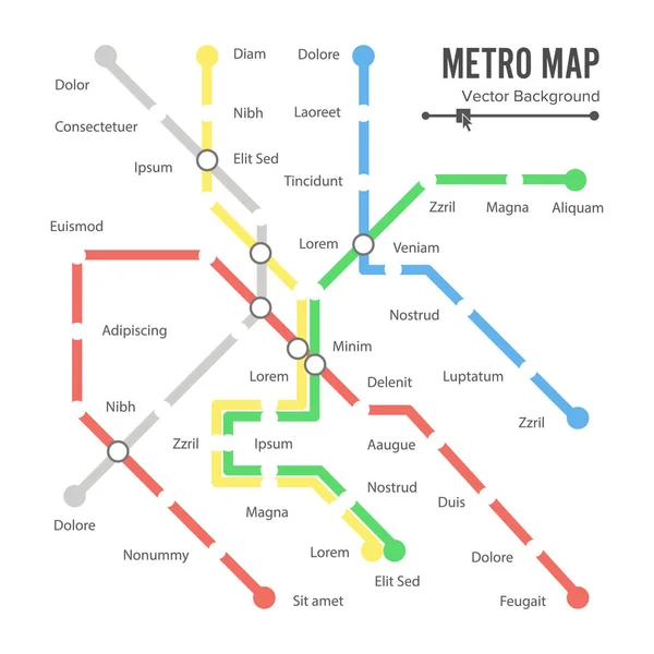 Metro Mapa vektor. Městské dopravní režim koncept. Barevné pozadí s stanicemi — Stockový vektor