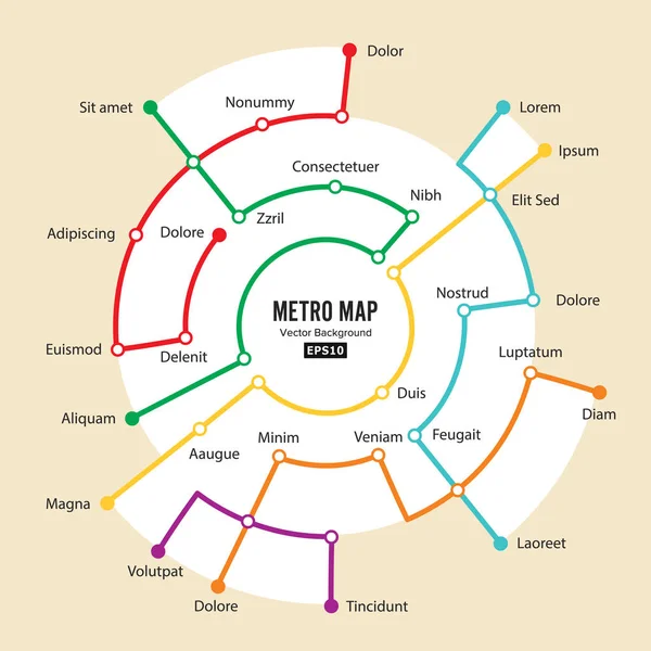 Mapa del metro Vector. Mapa subterráneo imaginario. Fondo colorido con estaciones — Vector de stock