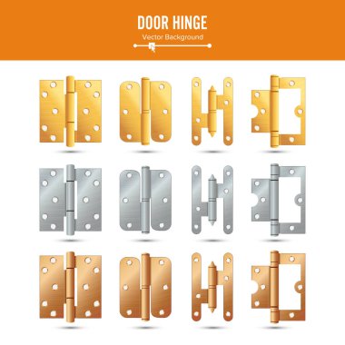 Door Hinge Vector. Set Classic And Industrial Ironmongery Isolated On White Background. Simple Entry Door Metal Hinge Icon. Stainless Steel, Copper, Bronze, Gold, Brass. Stock Illustration clipart