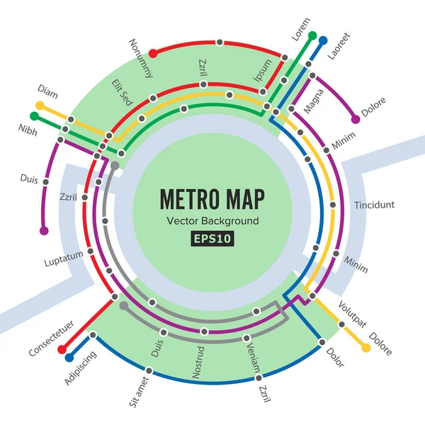 Metro Mapa vektor. Šablona městské dopravy schématu pro Underground Road. Barevné pozadí s stanicemi — Stockový vektor