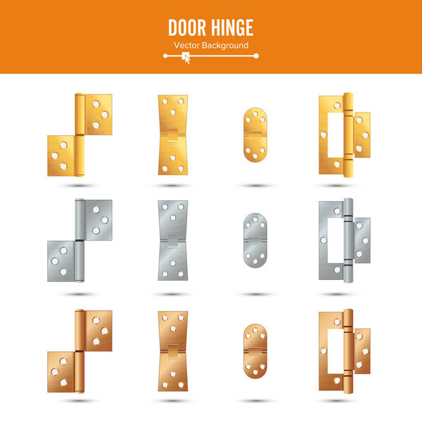 Door Hinge Vector. Set Classic And Industrial Ironmongery Isolated On White Background. Simple Entry Door Metal Hinge Icon. Stainless Steel, Copper, Bronze, Gold, Brass. Stock Illustration