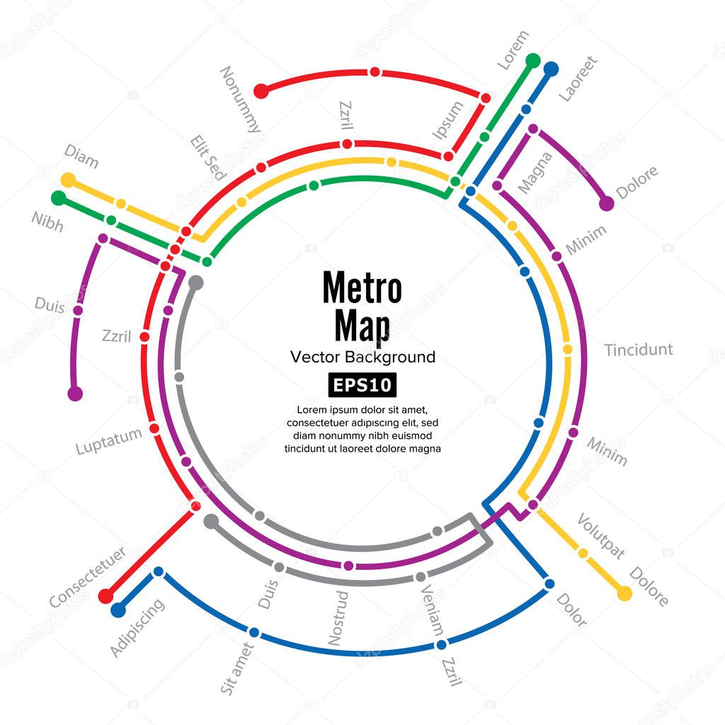 Metro Map Vector. Plan Map Station Metro And Underground Railway Metro Scheme Illustration. Colorful Background With Stations