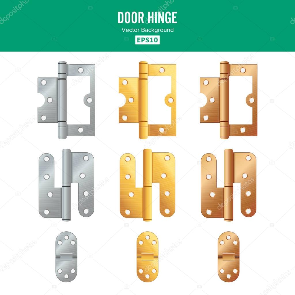 Door Hinge Vector. Set Classic And Industrial Ironmongery Isolated On White Background. Simple Entry Door Metal Hinge Icon. Stainless Steel, Copper, Bronze, Gold, Brass. Stock Illustration