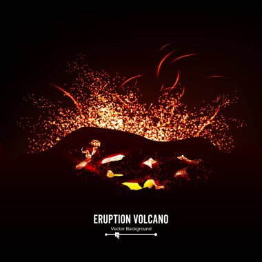 Patlama yanardağ vektör. Fırtına Sparks. Büyük ve ağır dağ patlamadan. Kırmızı sıcak lav parlayan bildirilecektir.