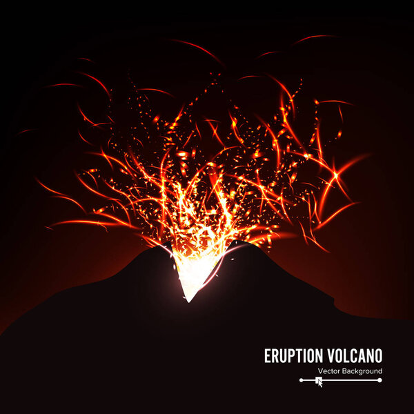 Eruption Volcano Vector. Thunderstorm Sparks. Big And Heavy Explosion From The Mountain. Spewing Glowing Red Hot Lava.