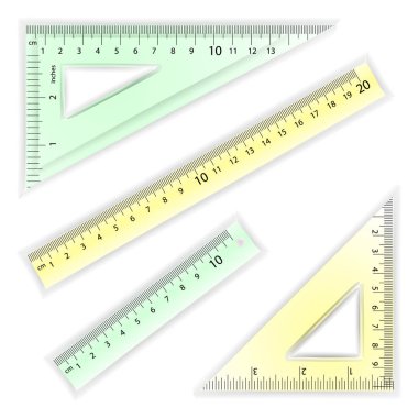 Cetvel ve üçgenler vektör. Santimetre ve inç. Basit okul ölçüm aracı ekipman illüstrasyon izole beyaz arka plan üzerinde. Çeşitli aletleri türevleri, oransal ölçekli.