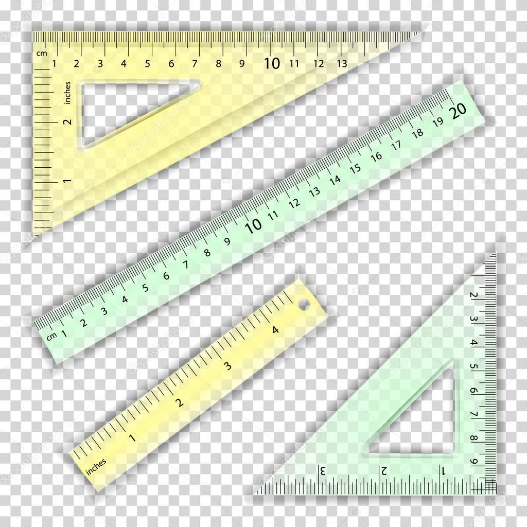 Transparent Ruler And Triangles Vector. Centimeter And Inch. Measure Tool Equipment Illustration. Several Instruments Variants, Proportional Scaled.