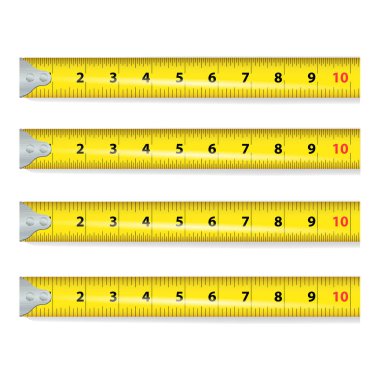 Yellow Measure Tape Vector. Centimeter And Inch. Measure Tool Equipment Illustration Isolated On White Background. Several Variants, Proportional Scaled. clipart