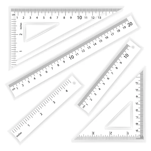 Liniaal en driehoeken Vector. Centimeter en Inch. Simple School meting Tool apparatuur illustratie geïsoleerd op een witte achtergrond. Verschillende instrumenten varianten, proportioneel geschaald. — Stockvector