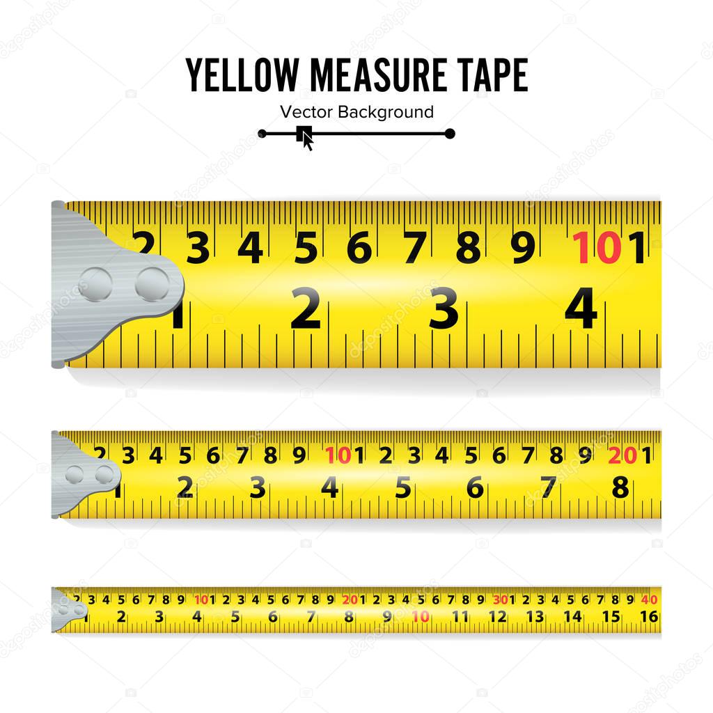 Yellow Measure Tape Vector. Measure Tool Equipment In Centimeters. Several Variants, Proportional Scaled.