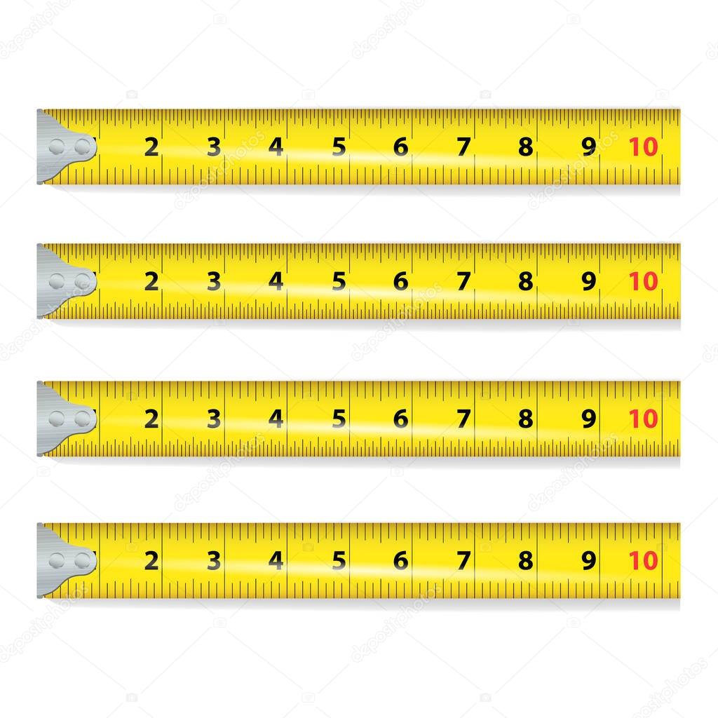 Yellow Measure Tape Vector. Centimeter And Inch. Measure Tool Equipment Illustration Isolated On White Background. Several Variants, Proportional Scaled.