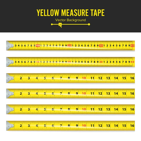 Vector amarillo de cinta métrica. Medir el equipo de herramientas en pulgadas. Varias variantes, escala proporcional . — Archivo Imágenes Vectoriales