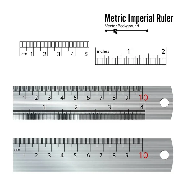 Metriska Imperial linjaler vektor. Centimeter och tum. Åtgärd verktyg utrustning Illustration isolerade på vit bakgrund. — Stock vektor
