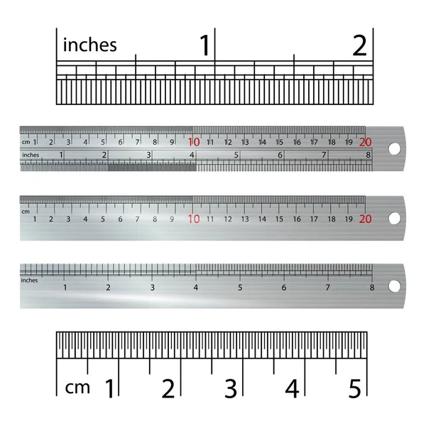 Vector de reglas imperiales métricas. Centímetro y pulgada. Instrumentos de medición Equipo Ilustración Aislado sobre fondo blanco . — Vector de stock