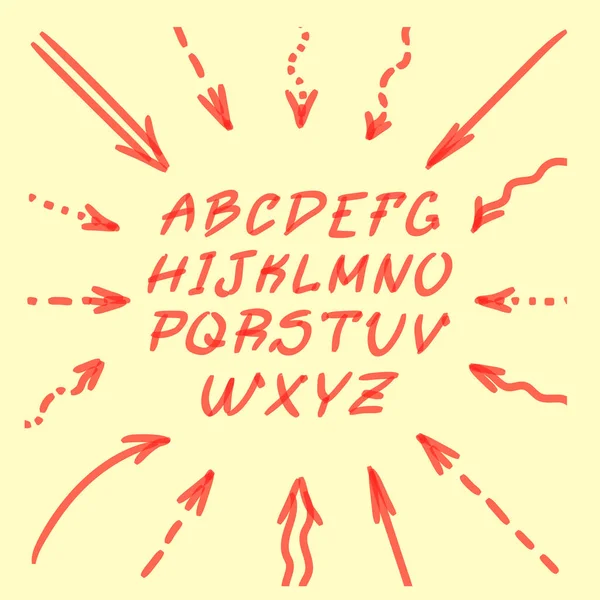 İşaretçi el Doodle oklar ve harfler vektör yazılı — Stok Vektör
