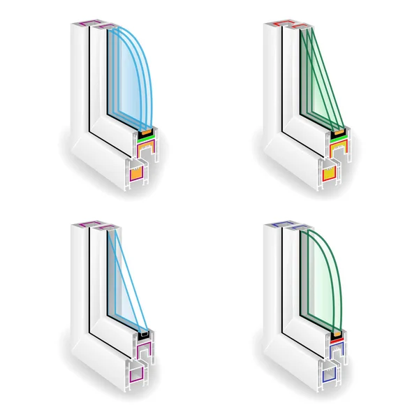 Conjunto de perfiles de ventana de plástico. Sección transversal de la ventana de eficiencia energética. Vidrio transparente de dos y tres. Ilustración vectorial — Vector de stock