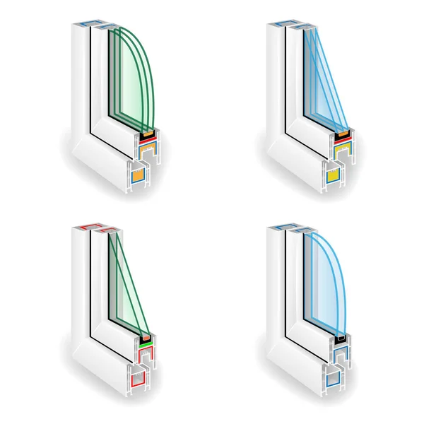Fensterrahmenprofil aus Kunststoff. Struktur Eckfenster. Zwei und drei transparente Gläser. Vektorillustration — Stockvektor