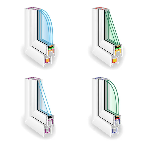 Ensemble de profil de cadre de fenêtre en plastique. Coupe transversale des fenêtres économes en énergie. Deux et trois verre transparent. Illustration vectorielle — Image vectorielle