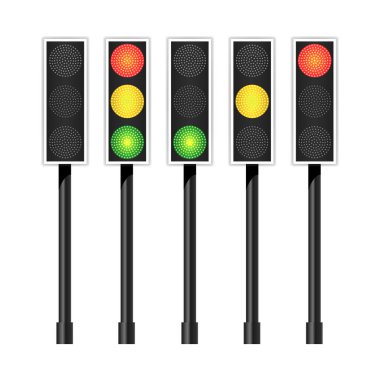 Yol trafik ışığı vektör. Gerçekçi Led Panel. Sıra kırmızı, sarı, yeşil ışıklar. Gidip bekle, sinyalleri durdurmak. Beyaz arka plan üzerinde izole.
