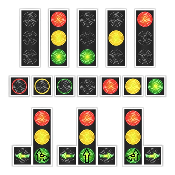 道路交通信号のベクトル。現実的な Led パネル。シーケンスは赤、黄色、緑を点灯します。移動、待機、信号を停止します。白い背景に分離. — ストックベクタ