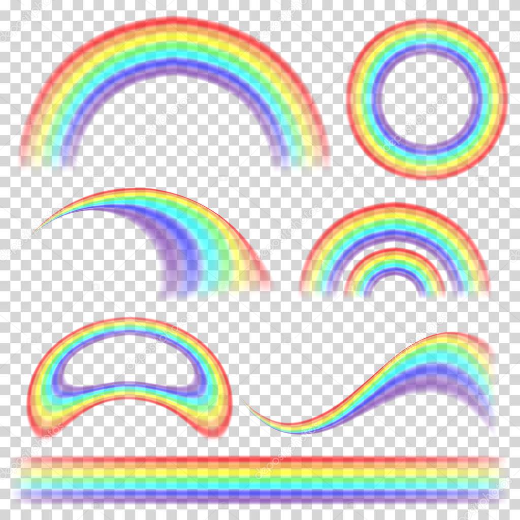 Rainbow Set Vector. Different Shape Collection. Realistic Rainbow Set Isolated On Transparent Background.