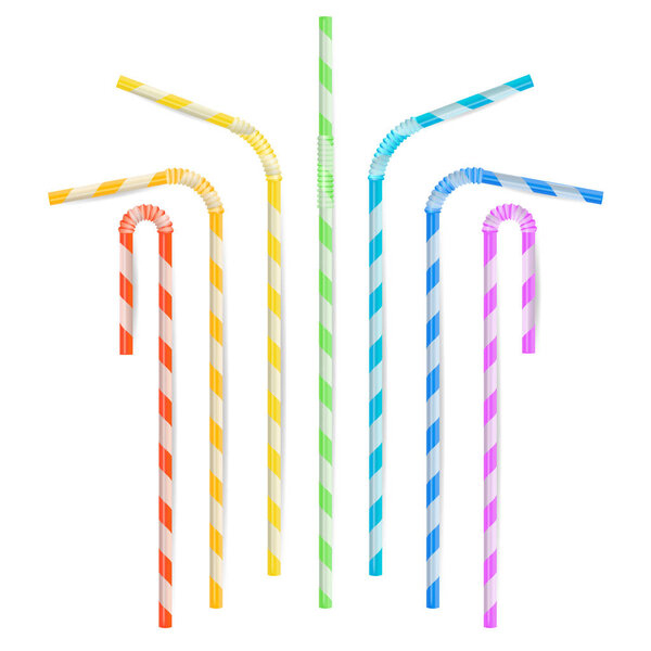 Colorful Drinking Straws Vector. Different Types. Plastic Straight And Curved. For Celebration Background Design, Cocktail Party Menu.