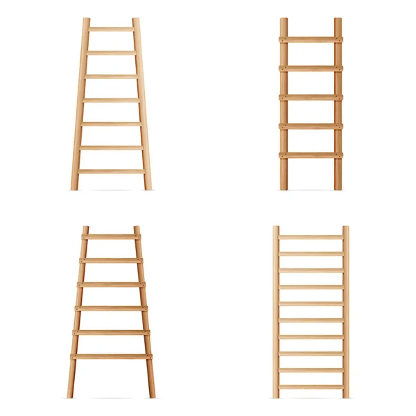 Wooden Step Ladder. Vector Set Of Various Ladders. Classic Staircase Isolated On White Background. Realistic Illustration. — Stock Vector