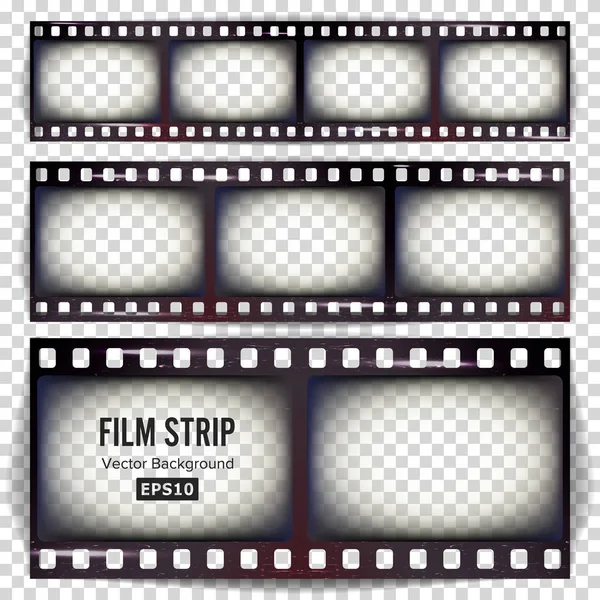 Διάνυσμα λωρίδα φιλμ. Σετ ρεαλιστικό πλαίσιο κενό ταινία γδαρμένο απομονωμένες σε διαφανές φόντο. — Διανυσματικό Αρχείο