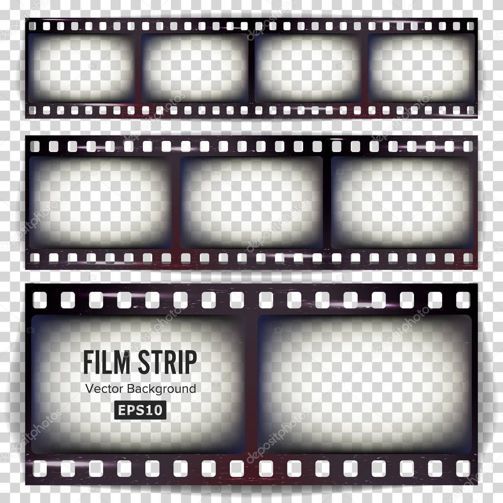 Film Strip Vector. Set Realistic Frame Strip Blank Scratched Isolated On Transparent Background.