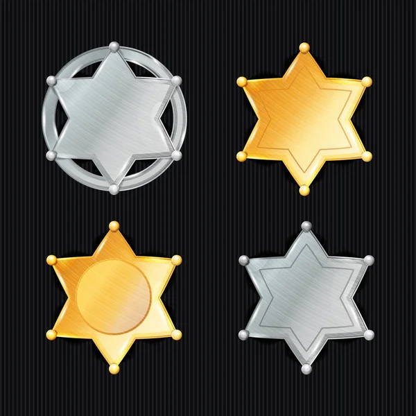 Insigne du shérif Star Vector Set. Différents types. Symbole classique. Département municipal d'application de la loi. Isolé sur fond noir . — Image vectorielle