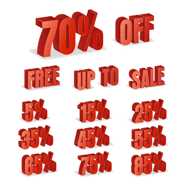 Discount Numbers 3d Vector. Red Sale Percentage Icon Set In 3D Style Isolated On White Background. Free, Off, Up To.