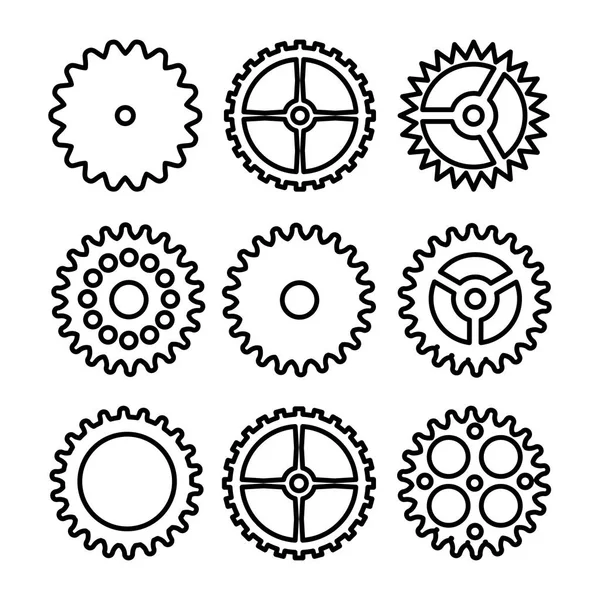 Vektor-Uhrwerke. Umrisssymbole stellen Uhr oder Maschinenrad ein. Mechanisches, technologisches Zeichen isoliert auf weißem Hintergrund. — Stockvektor