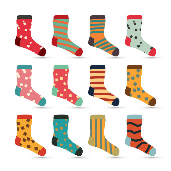 Child Socks Icons Vector. Big Set In Flat Style Illustration. Winter Fashion Sock Fabric Design.