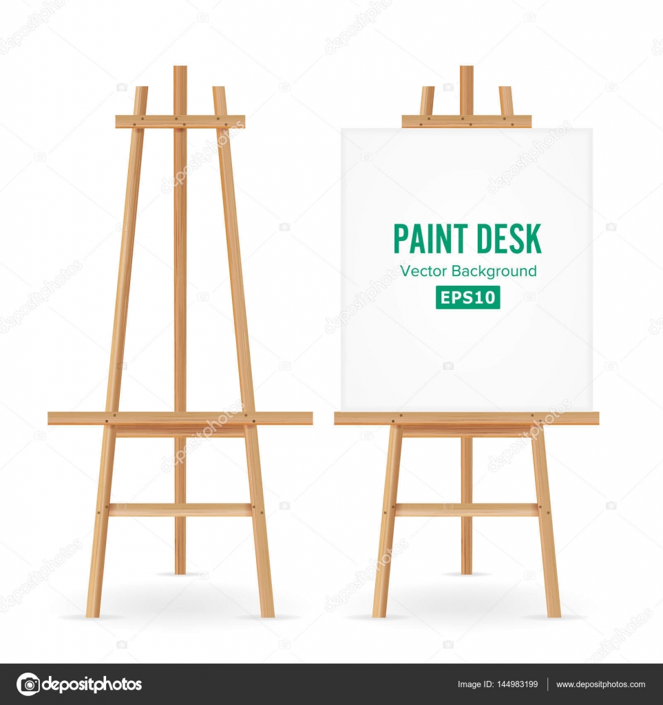 Paint Desk Vector. Artist Easel Set With White Paper. Isolated On White