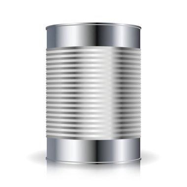 Metalik vektör. Gıda Tincan Metal konserve yivli, konserve gıda. Tasarımınız için boş. Gerçekçi boş ürün ambalaj şablonuyla gölge ve yansıma