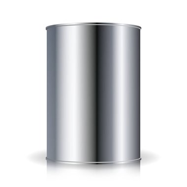 Metalik vektör. Gıda Tincan Metal konserve yivli, konserve gıda. Tasarımınız için boş. Gerçekçi boş ürün ambalaj şablonuyla gölge ve yansıma