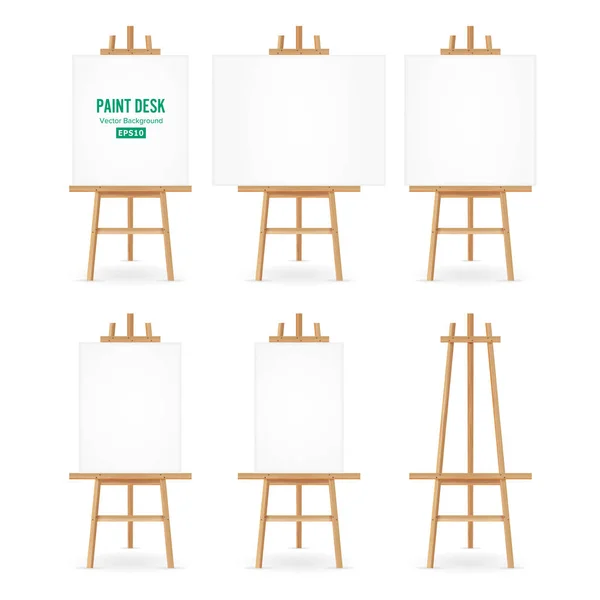 Barva stůl vektor. Umělec stojan sada s dokument White Paper. Izolované na bílém pozadí. Realistický malíř stůl prázdné plátno na malování stojan. — Stockový vektor