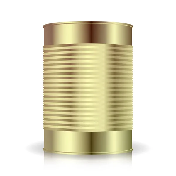 Metallic Cans Vector. Food Tincan Ribbed Metal Tin Can, makanan kaleng. Kosong Untuk Desain Anda. Templat Pengepakan Produk Kosong Realistik Dengan Bayangan dan Refleksi - Stok Vektor