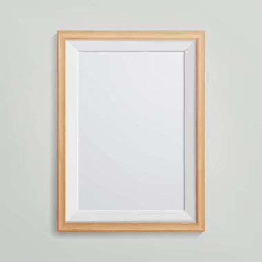Gerçekçi fotoğraf vektör çerçeve. 3d boş ahşap boş resim çerçevesi, ön beyaz duvarda asılı. Vintage tarzı. Retro fotoğraf çerçeve şablonu. Tasarım şablonu için Mock Up.
