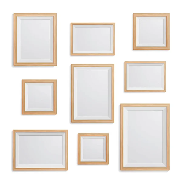 Reálné Foto Frame Vector Set. Prázdný prázdný kolekce. Realistický obraz rám na bílé zdi. Šablona návrhu pro Mock Up. — Stockový vektor