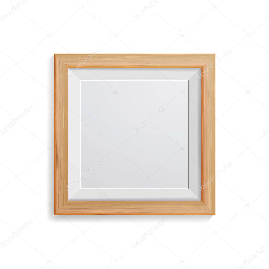 Realistic Photo Frame Vector. Square Light Wood Blank Picture Frame, Hanging On White Wall From The Front. Design Template For Mock Up.