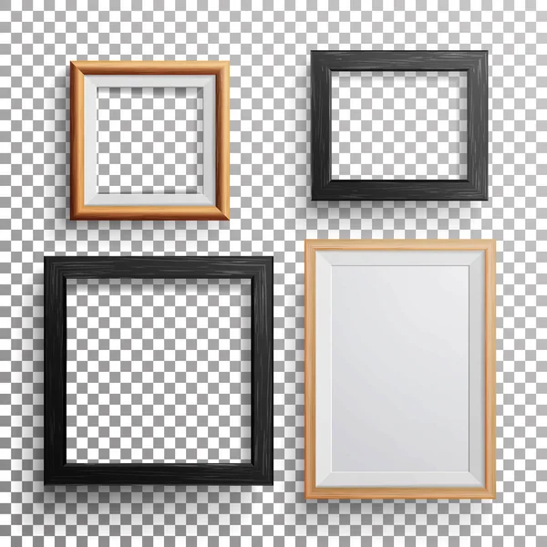 Realistische foto Frame Vector. 3D-set vierkant, A3, A4 maten licht hout leeg afbeeldingsframe, opknoping op transparante achtergrond met zachte transparante schaduw. Ontwerpsjabloon voor Mock Up. — Stockvector