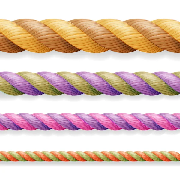 Vector de cuerda realista. Diferente espesor de color 3d cuerda línea conjunto multicolor trenzado cordón náutico. Aislado sobre fondo blanco. Bueno para las fronteras o marcos — Vector de stock