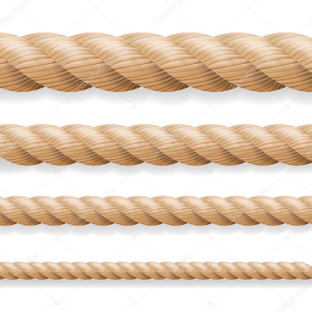 Realistic Rope Vector. Different Thickness Rope Set Isolated On White Background. Illustration Of Twisted Nautical Thick Lines. Graphic String Cord For Borders.