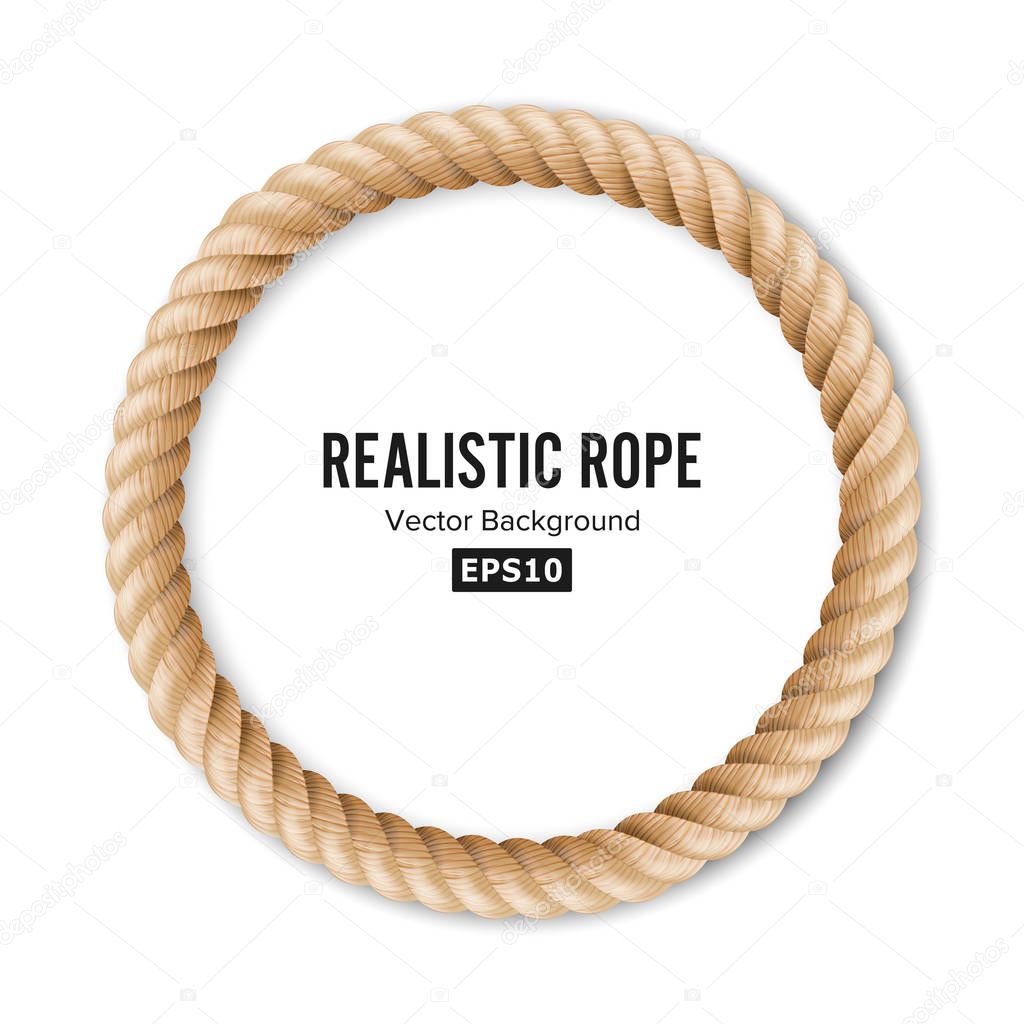 Realistic Rope Vector. 3D Circular Rope Isolated On White Background. Illustration Of Twisted Nautical Thick Line. Graphic String Cord With Soft Shadow.